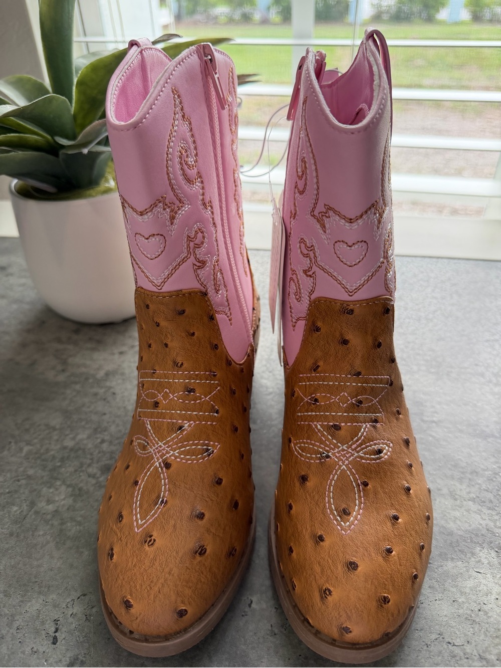 Girls' Pink and Brown Western Boots with Heart Stitch